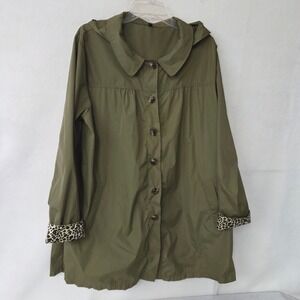 Meaveor Olive Green Hooded Raincoat Leopard Print Cuffs Button Front Women's XL